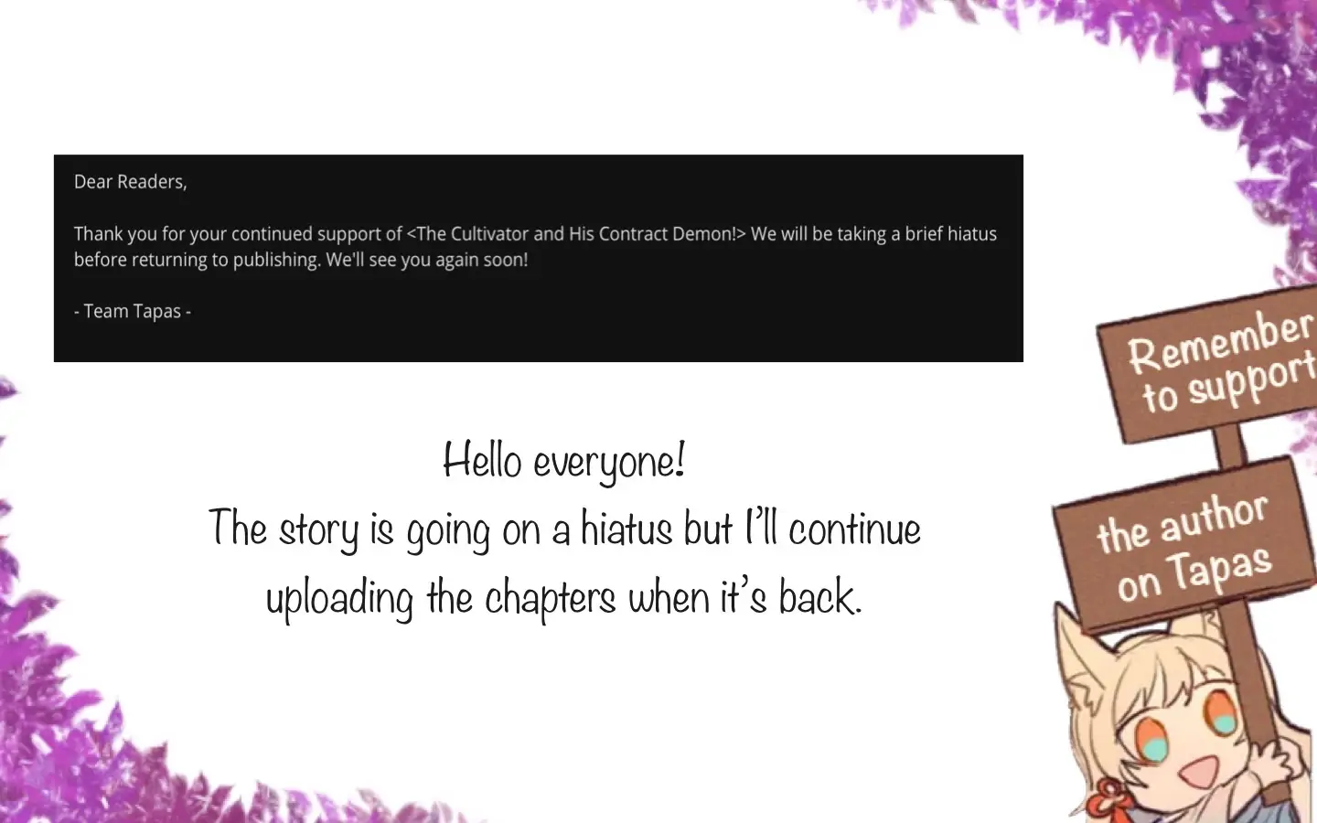 The Cultivator and His Contract Demon (Tapas)-Hiatus Announcement